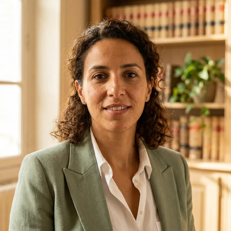 Portrait de Maître Yasmine Benali, avocate au cabinet Benali à Montpellier. Femme de 35 ans aux cheveux mi-longs bruns ondulés, souriante chaleureusement, vêtue d'un blazer vert sauge sur chemisier blanc, sur fond d'intérieur de cabinet d'avocat lumineux, lumière naturelle douce de fenêtre.